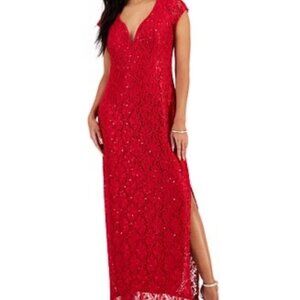 Connected Apparel Red Lace Wired V-Neck Maxi Dress With Sequins & Cap Sleeves Wo